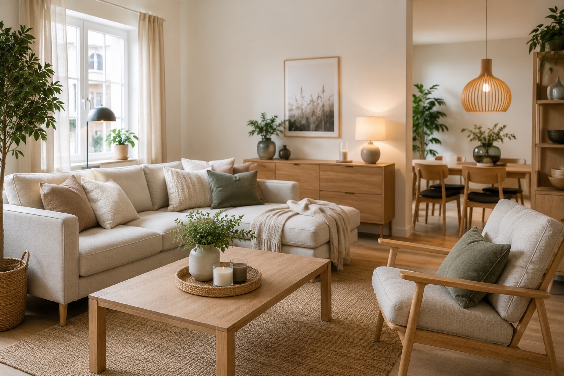 Skandynawski salon z drewnianymi meblami w stylu norweskim